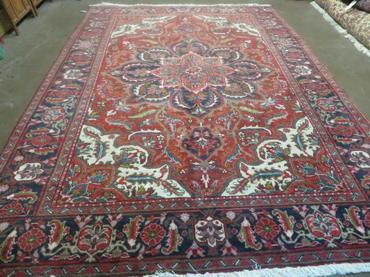 Persian Heriz Rug 7.5 x 10, Room Sized Heriz Ahar Carpet, Semi Antique Vintage Floral Large Medallion Rug, Red and Navy Blue, Hand Knotted Wool Rug