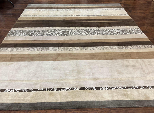 Tibetan Nepali Rug Handmade Wool With Silk Highlights And Stripe Pattern 8x12