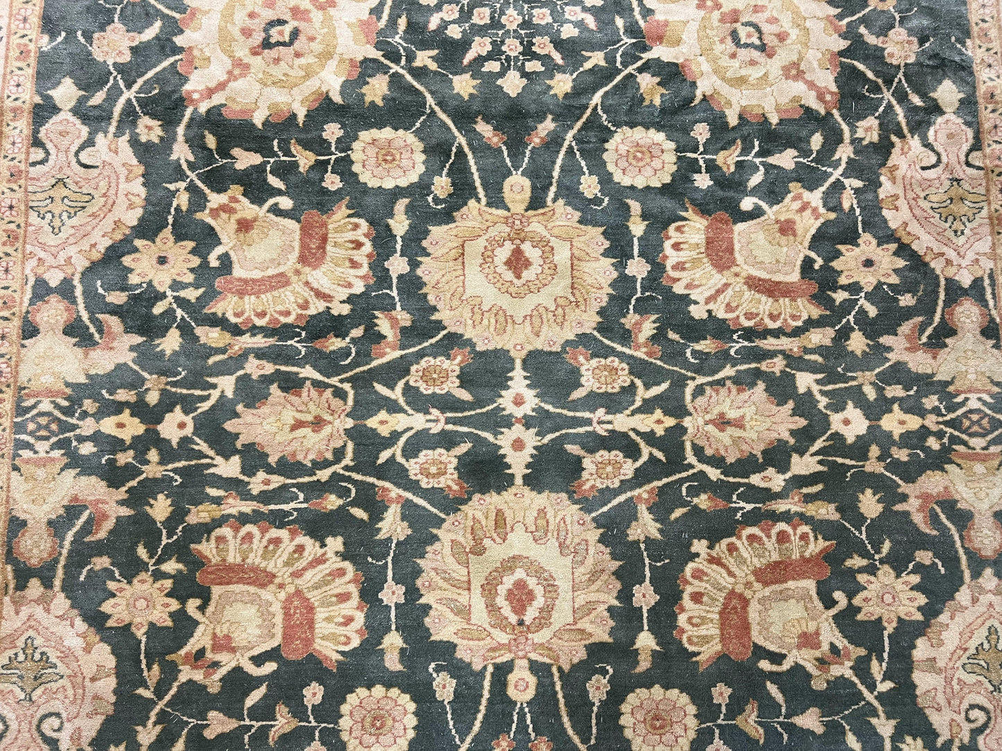 Egyptian Mahal Rug 10x14, Large Vintage Floral Hand Knotted Wool Carpet 10 x 14, Dark Green and Beige Traditional Handmade Persian Area Rug