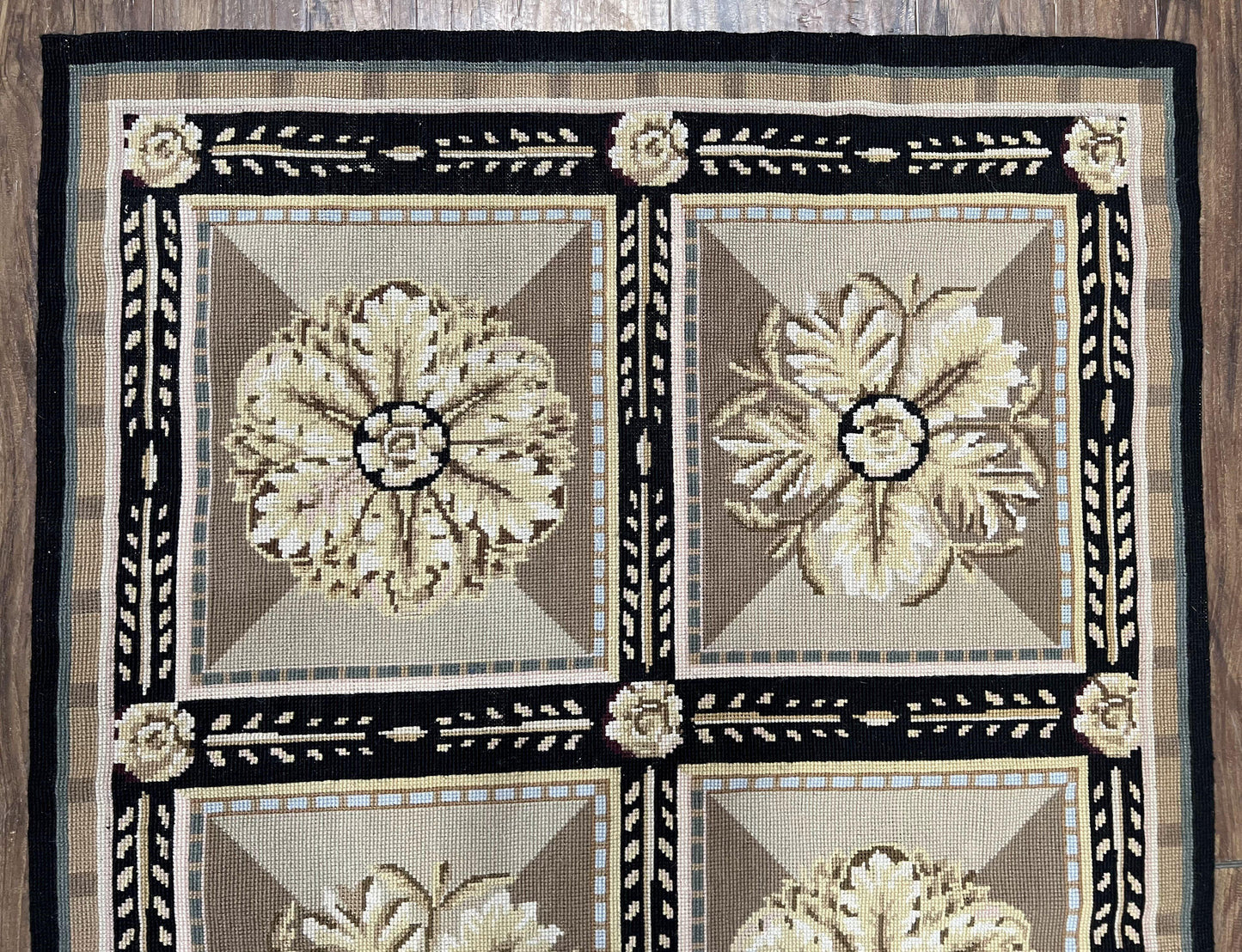 Needlepoint Runner Rug 3x8 Panel Design Rug, Flatweave Runner Rug, English Design, Floral, Short Runner Rug, Black and Beige Wool Hand-Woven