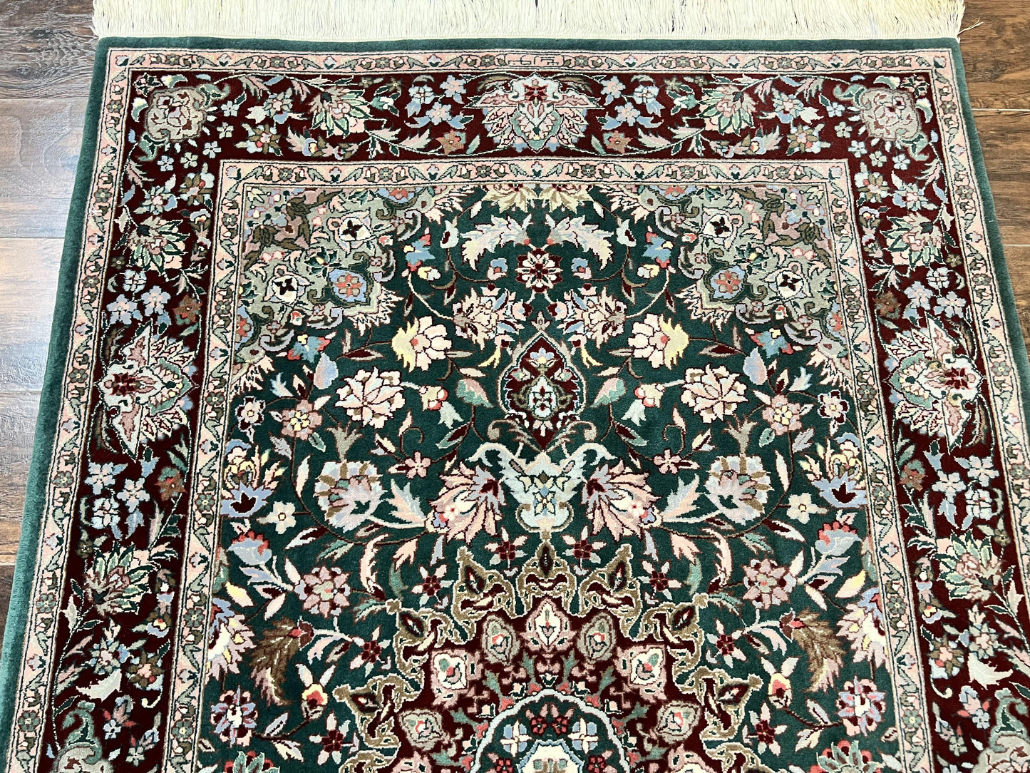 Pak Persian Rug 4x6, Wool Hand Knotted Vintage Carpet, Dark Green, Floral Medallion, Fine Oriental Rug