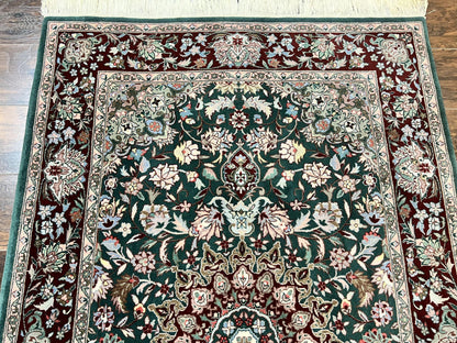 Pak Persian Rug 4x6, Wool Hand Knotted Vintage Carpet, Dark Green, Floral Medallion, Fine Oriental Rug
