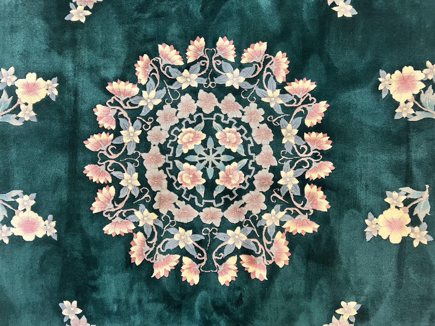 Chinese Art Deco Wool Hand Knotted Rug 9x12 Vintage Carpet Dark Green Cream