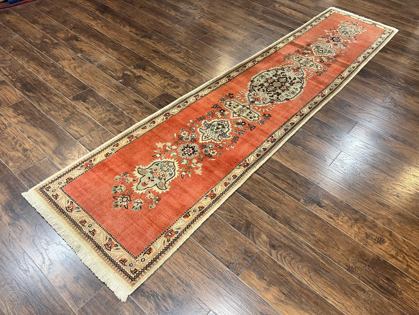 Persian Tabriz Runner Rug 3 x 12, Vintage Hand Knotted Wool Oriental Hallway Carpet, Light Red Beige Tan, Fine Weave, Semi Open Field, Traditional