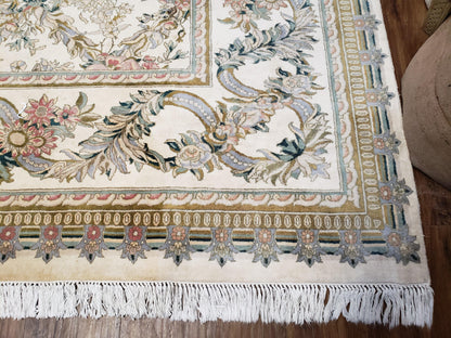 Pak Persian Floral Rug 11 x 12.6, Ivory, Very Fine, Hand Knotted
