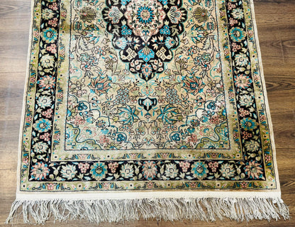 Kashmiri Silk Rug Indian Hand Knotted 3x5 Floral Medallion 200 KPSI