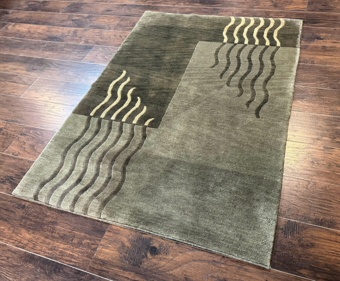 Modern Tibetan Wool Rug 3.6 x 5.6, Shades of Green, Abstract Design