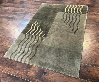 Modern Tibetan Wool Rug 3.6 x 5.6, Shades of Green, Abstract Design