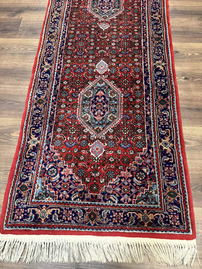 Indo Persian Bidjar Runner Rug 3 x 18.6, Red Navy Blue, Long Runner, Wool Oriental Carpet