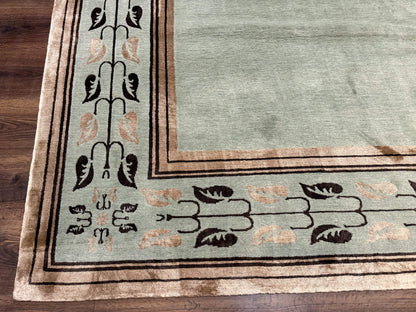 Palace Size Nepali Rug 9x18 Light Mint Green Open Field Wool Hand Knotted Modern Contemporary