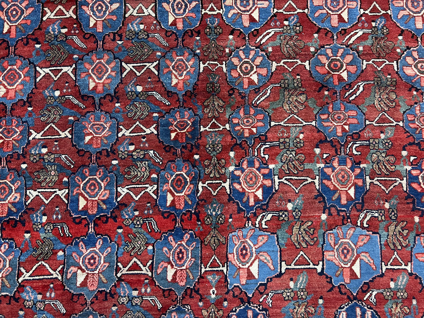 Antique Persian Bijar Rug 9x12 Allover Motif Red Blue Wool Handmade