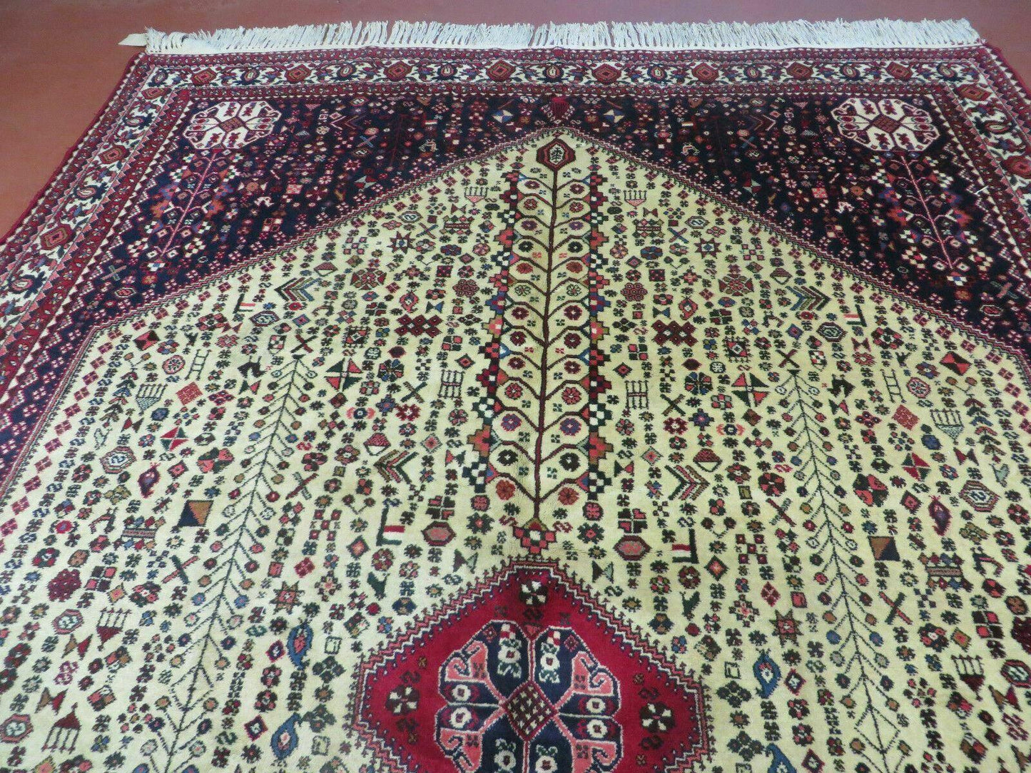 Vintage Indian Floral Wool Rug Hand Knotted 7x10 Ivory Red