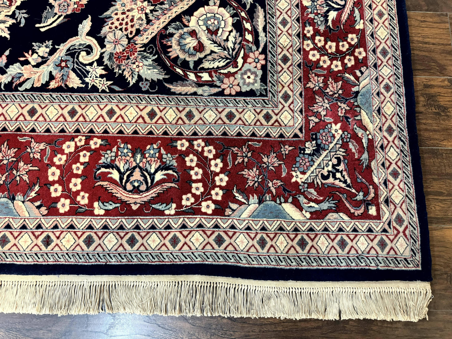 Sino Persian Rug 8x10, Floral Kirman Carpet, Navy Blue and Red, Floral Vases, Handmade Vintage Wool Carpet, 320 KPSI