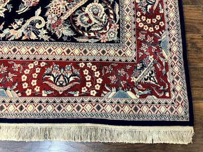 Sino Persian Rug 8x10, Floral Kirman Carpet, Navy Blue and Red, Floral Vases, Handmade Vintage Wool Carpet, 320 KPSI