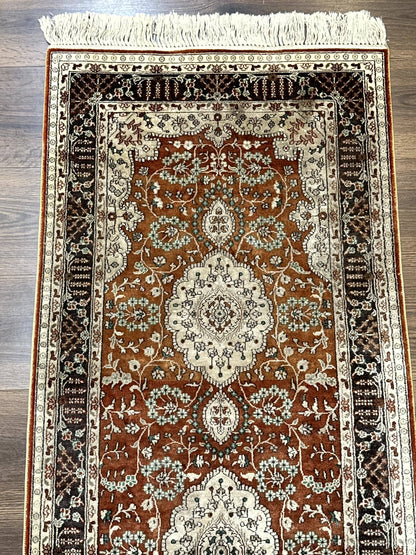 Turkish Silk Narrow Runner Rug 2 x 5.8, Very Fine 340 KPSI, Floral Medallions, Red