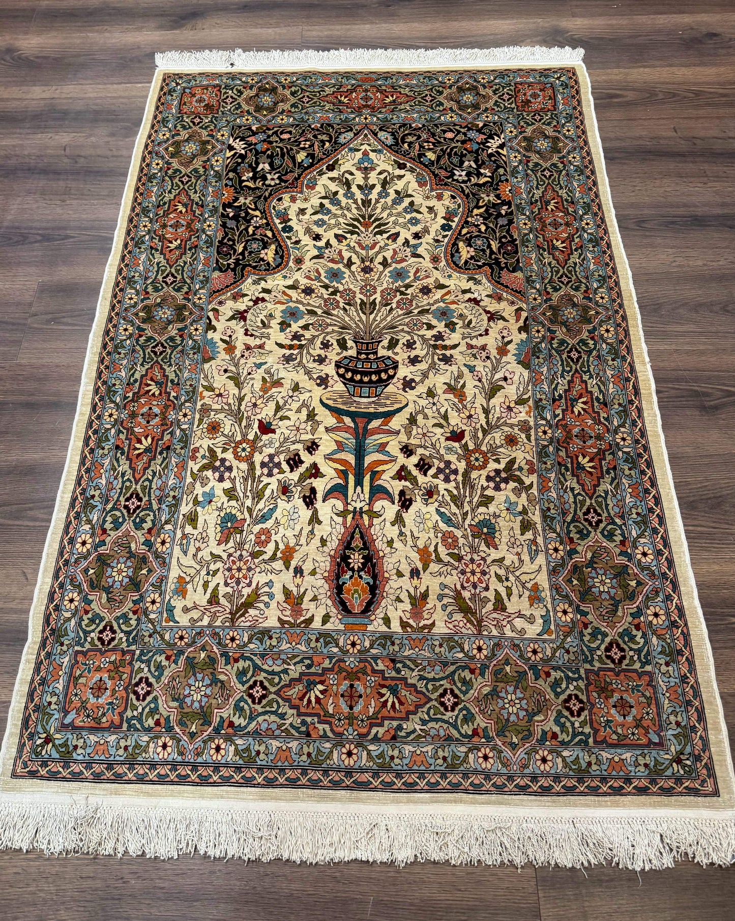 Rare Turkish Hereke Silk Rug 3x5, Tree of Life Persian Vase Design, Very Fine 440 KPSI, Signed
