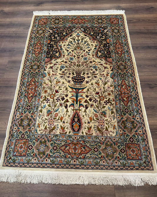 Rare Turkish Hereke Silk Rug 3x5, Tree of Life Persian Vase Design, Very Fine 440 KPSI, Signed