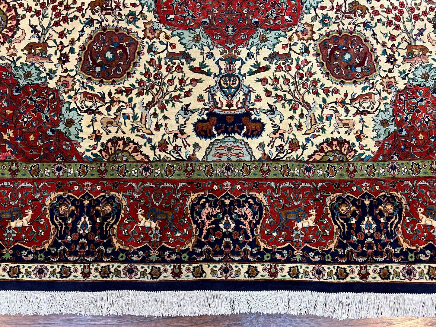 Wonderful Sino Persian Rug 6x10 with Animal Pictorial Motifs, Cream Dark Red Navy Blue, Birds Gazelles, Two Medallions, Top Quality Handmade