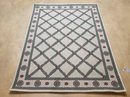 Panel Design Rug 4x5 Power-Loomed Vintage Wool and Acrylic Blend Beige and Pine Green
