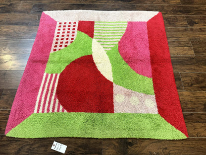 European Shag Rug 4.8 x 4.8, Modern Abstract Design, Green Pink Red, Square Shag Rug, Unique