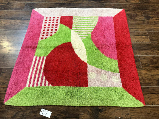 European Shag Rug 4.8 x 4.8, Modern Abstract Design, Green Pink Red, Square Shag Rug, Unique