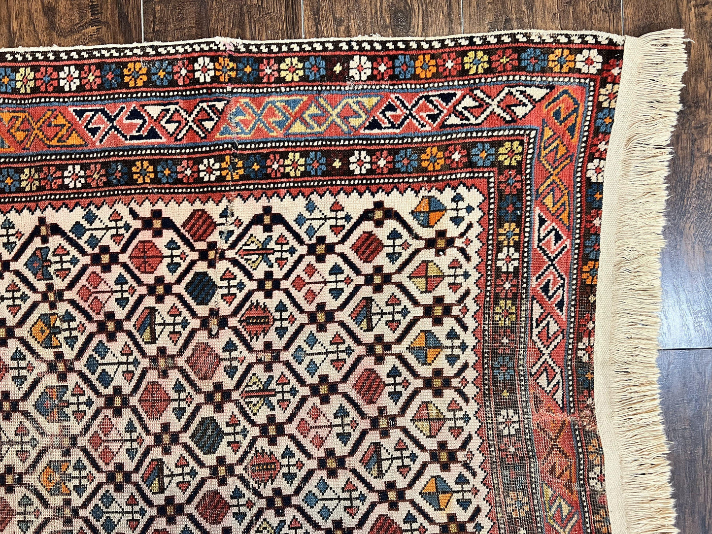 Antique Caucasian Shirvan Rug 4x5 Hand Knotted Wool Oriental Carpet Ivory Red Allover Pattern