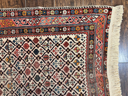 Antique Caucasian Shirvan Rug 4x5 Hand Knotted Wool Oriental Carpet Ivory Red Allover Pattern