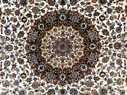 Persian Tabriz Rug Hand Knotted 8x11 Floral Medallion Traditional Area Rug Fine Wool 300 KPSI Ivory Maroon