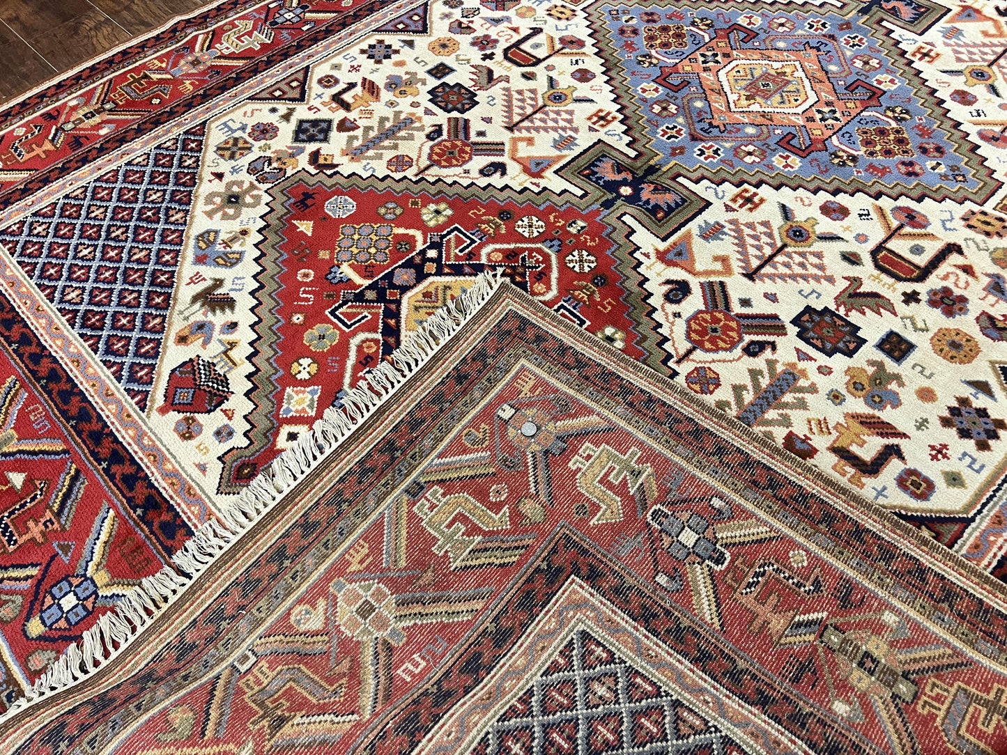 Belgium Power Loomed Wool Rug 8x12 Geometric Medallions Persian Tribal Pattern Ivory Red Blue