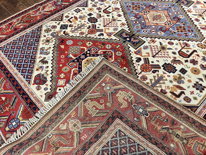 Belgium Power Loomed Wool Rug 8x12 Geometric Medallions Persian Tribal Pattern Ivory Red Blue