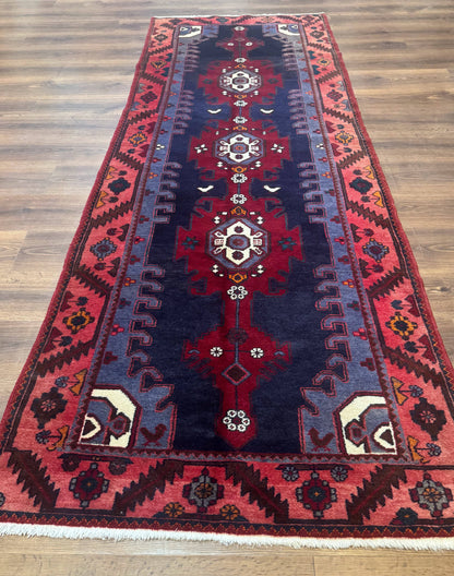 Persian Karajeh Runner Rug 3.6 x 9.5, Geometric Medallions, Tribal Village Rug, Navy Blue, Handmade