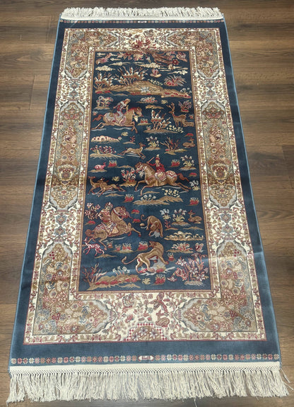 Turkish Silk Hunting Scene Rug 2.6 x 5 Feet Dark Steel Blue And Ivory Bamboo Silk Area Rug