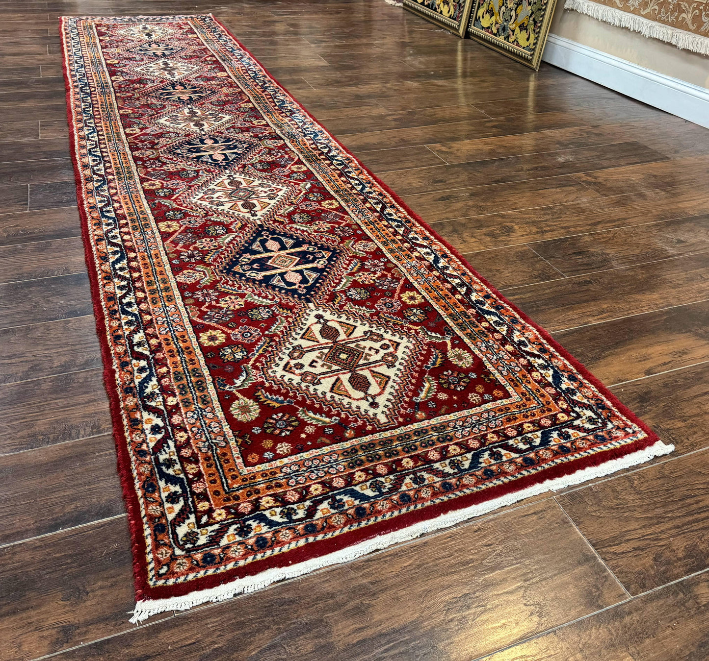 Antique Persian Qashqai Runner Rug 3 x 13 ft, Tribal Runner, Geometric Medallions, Red Ivory Blue, Wool