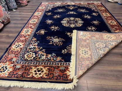 Vintage Chinese Wool Rug 8x11 in Navy Blue and Terracotta Floral Design, Couristan Power-Loomed
