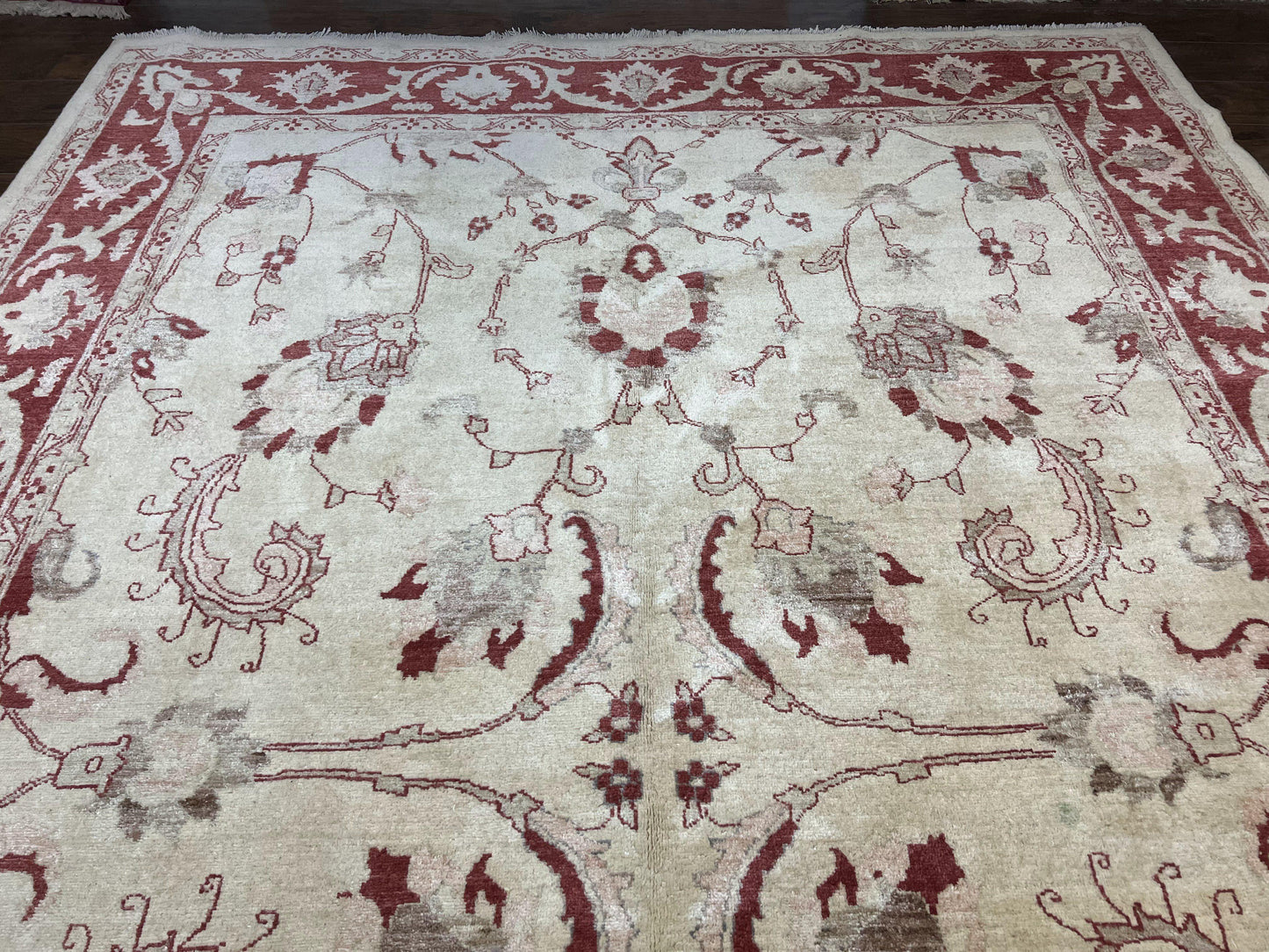 Peshawar Rug 8x12 Pakistani Carpet, Oriental Rug 8 x 12 Chobi Rug, Beige and Red, Allover Large Floral Design, Hand Knotted Vintage Wool