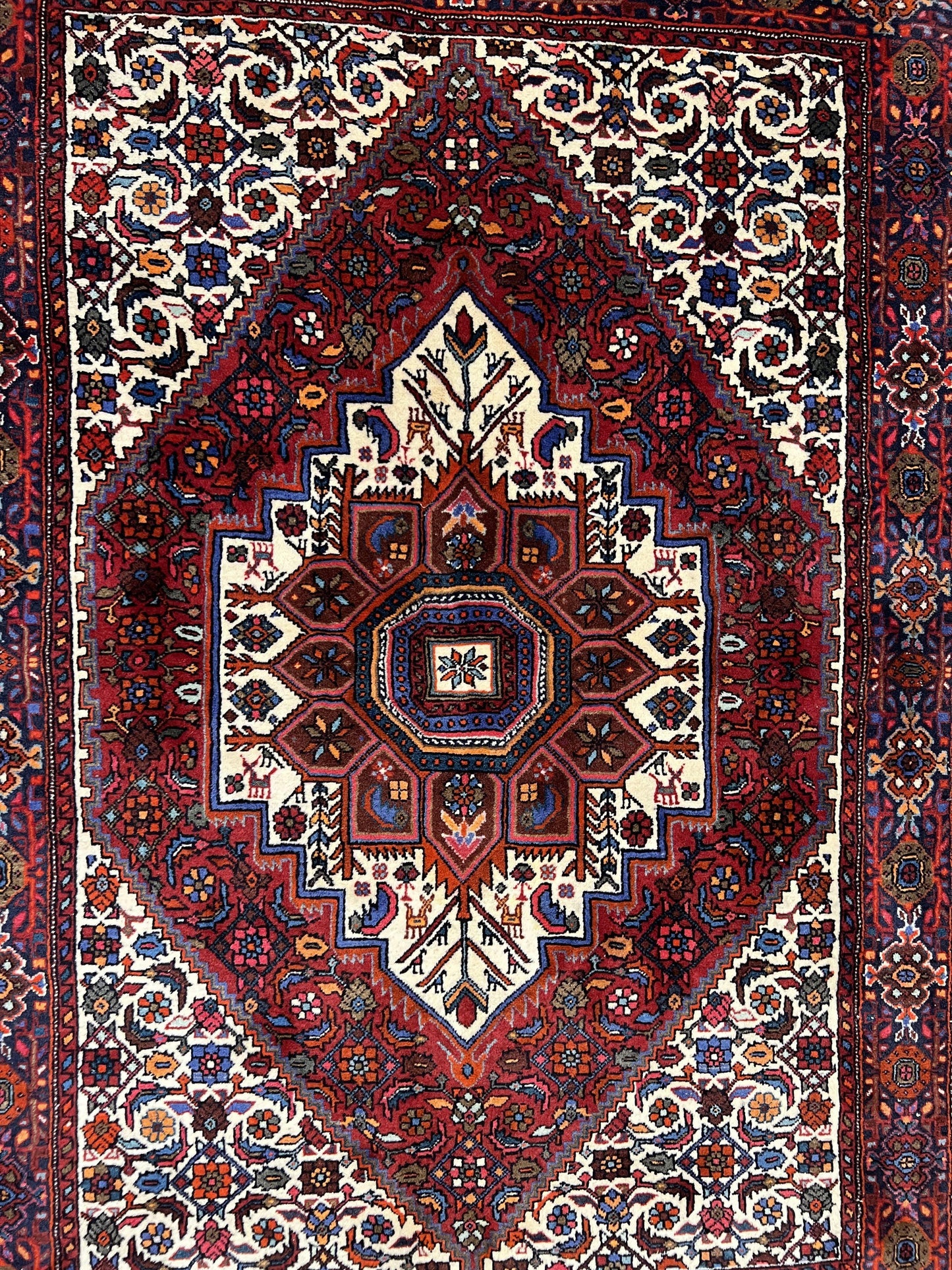 Fine Persian Bidjar Rug 3x5, Geometric Medallion Oriental Bijar Carpet 3 x 5 ft, Ruby Red and Cream, Hand Knotted Wool Rug, Semi Antique Tribal Rug, Nice