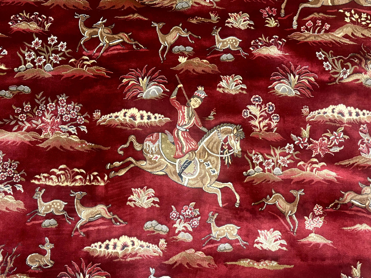 Turkish Silk Rug 8x8 Round Hunting Scene Bamboo Silk Dark Red Ivory