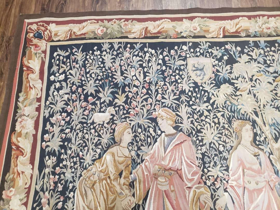 Vintage European Tapestry Aubusson Weave Wool Wall Hanging Courtship Scene Animals