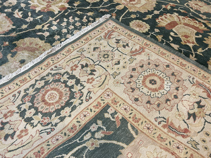 Egyptian Mahal Rug 10x14, Large Vintage Floral Hand Knotted Wool Carpet 10 x 14, Dark Green and Beige Traditional Handmade Persian Area Rug