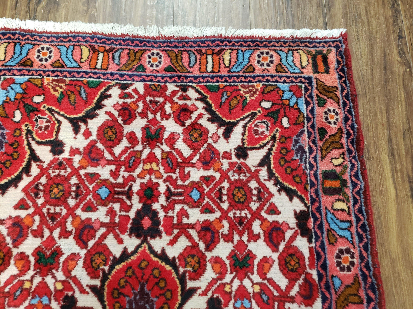 Handmade Floral Wool Rug Turkish Vintage 3 Ft 2 In By 5 Ft 1 In Red Beige Ivory