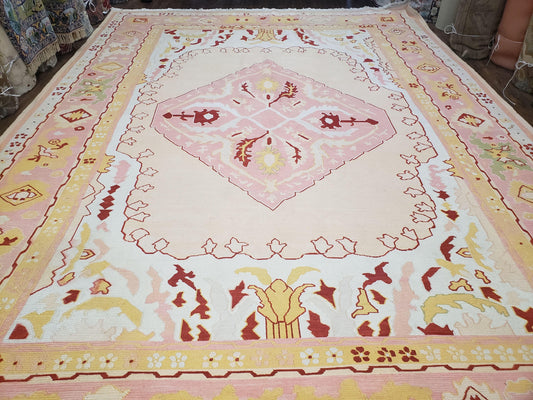 Large Turkish Kilim Carpet 10x14, Vintage Hand-Knotted Turkish Kilim Rug 10 x 14, Pink Cream Yellow Red, Decorative, Geometric, Unique