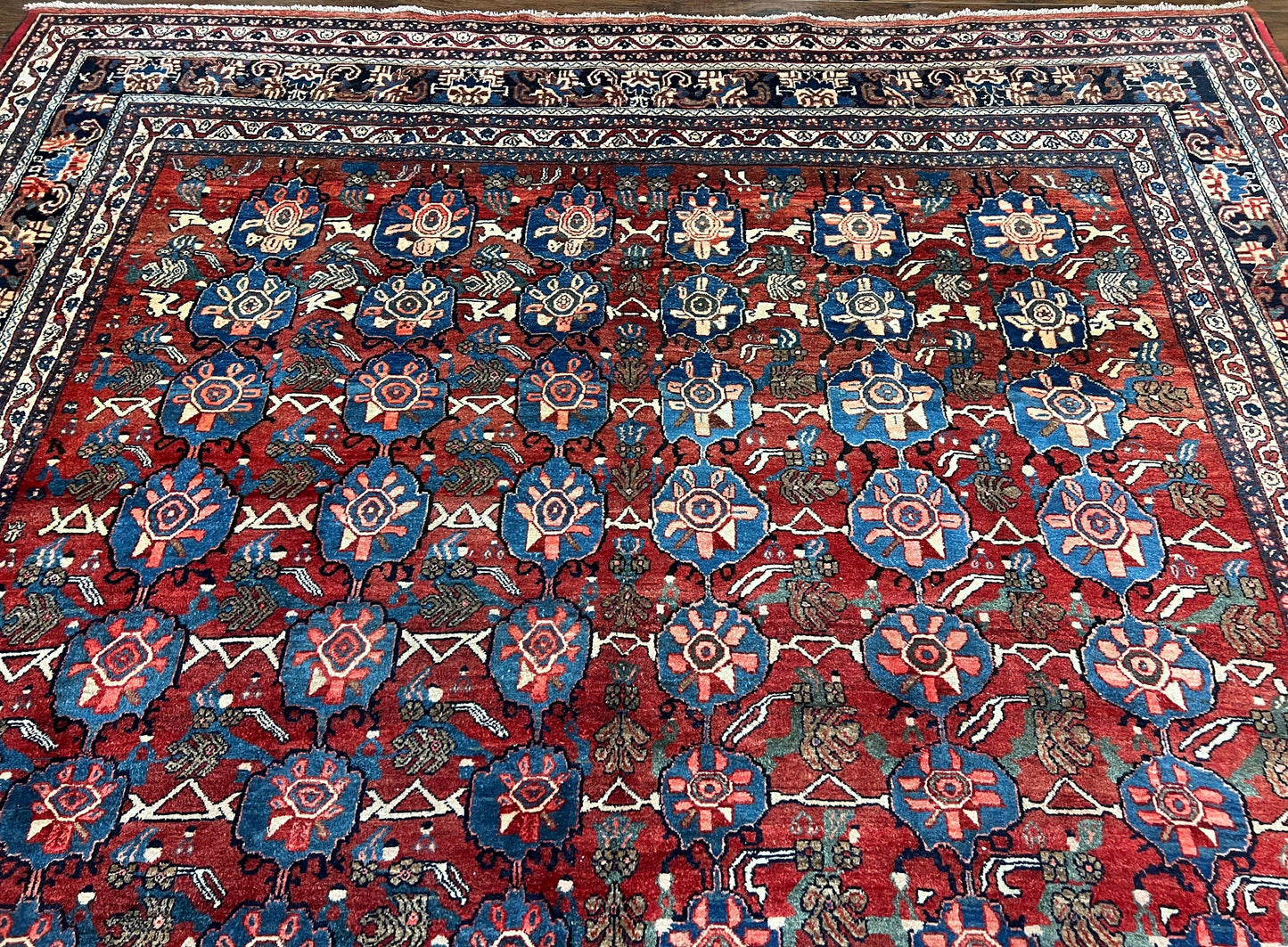 Antique Persian Bijar Rug 9x12 Allover Motif Red Blue Wool Handmade