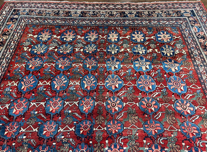 Antique Persian Bijar Rug 9x12 Allover Motif Red Blue Wool Handmade