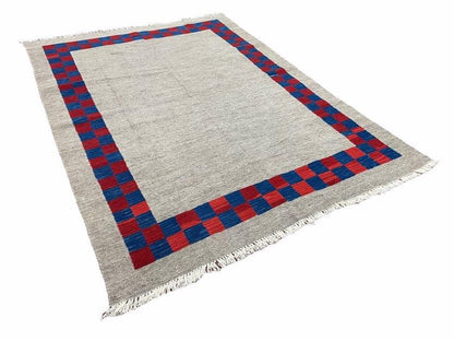 Geometric Kilim Rug Handmade Wool Hand Knotted Gray Blue Red Checkerboard