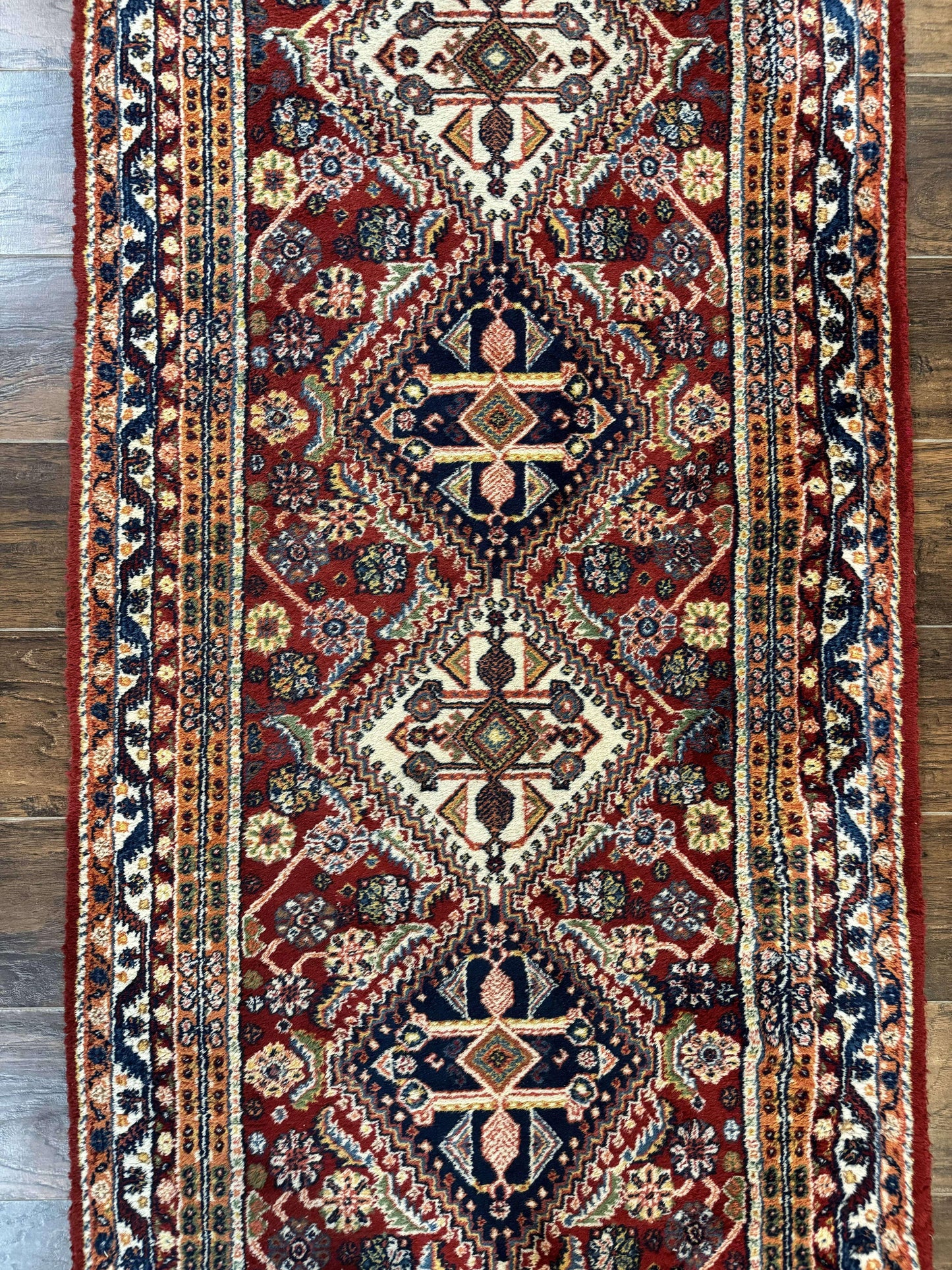 Antique Persian Qashqai Runner Rug 3 x 13 ft, Tribal Runner, Geometric Medallions, Red Ivory Blue, Wool
