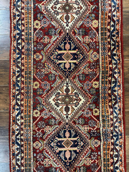 Antique Persian Qashqai Runner Rug 3 x 13 ft, Tribal Runner, Geometric Medallions, Red Ivory Blue, Wool