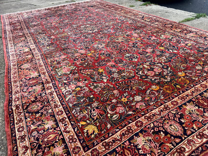 Large Antique Persian Sarouk Rug 11x18, Red, Floral Allover, Palace Size Wool Handmade Carpet