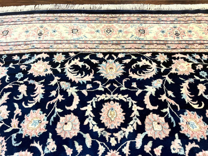 Indo Persian Rug 9x12 Wool Handmade Floral Allover Navy Ivory Vintage Carpet