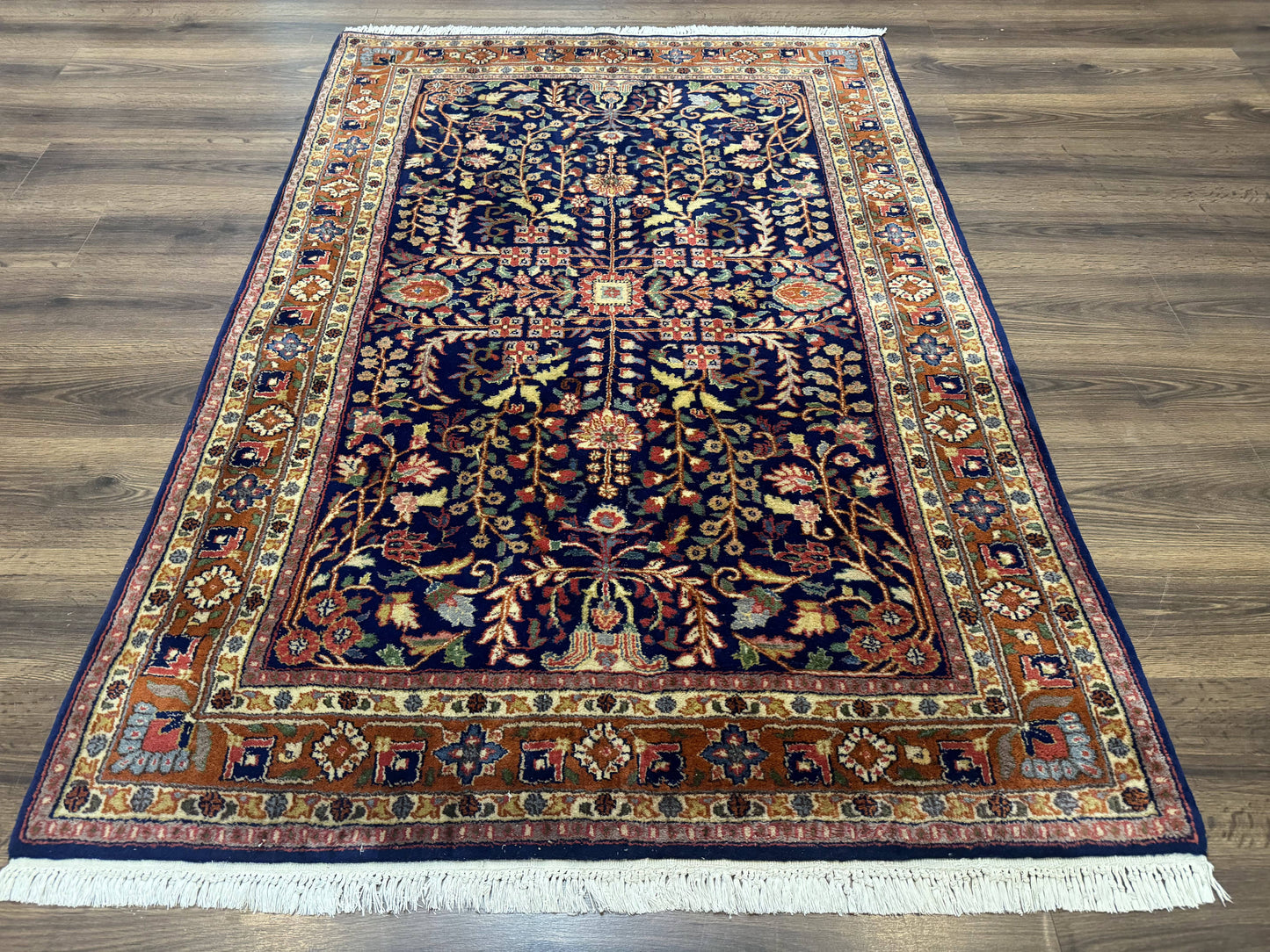 Indo Persian Sarouk Rug 4x6, Blue and Rust Red