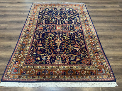 Indo Persian Sarouk Rug 4x6, Blue and Rust Red